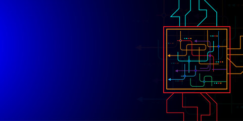 Abstract multi colored lines connection. Digital technology blue background. Concept with technology line light. Circuit board background technology.
