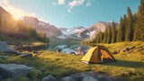 Fototapeta  - A camping tent in a nature hiking spot Relaxing during Ai Generative