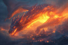Dragon Breathing Fire While Flying Over A Village. Mythology Creature. Dark Fantasy Illustration. Generative AI