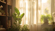 Suave luz solar atravessa as cortinas leves lançando um brilho etéreo e quente pela sala