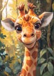An adorable baby giraffe illustration in a cartoon style with jungle background. 