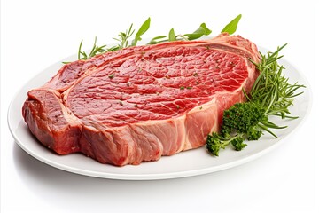 Juicy raw beef steak on white background, perfect for food and culinary designs.