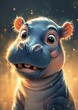 An adorable baby hippo cartoon style illustration with plain background. 