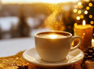 Canvas Print - Cup of hot coffee. Good morning. Winter holiday season. Cozy evening time.	