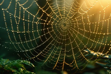 Wall Mural - Captivating close up  intricate spider s web glistening with dewdrops, illuminated by sunlight