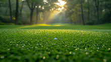Golf Field, Lush Green Grass In The Foreground, Dense Woods In The Background. AI Generative