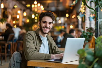 man   using laptop in café