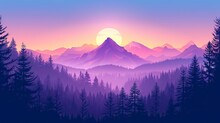 Sunrise In Mountains Mountain Landscape With Bright Sky And Purple Trees Color Vector Silhouette Generative AI