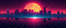 City At Sunset, Sunset Over City, Skyline At Sunset Retro 90s City Background Vector Silhouette Generative AI