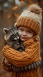 sweater holding little girl hat extremely happy raccoons face wrapped arms feathers human resistance prize color future perfect profile hug young colored