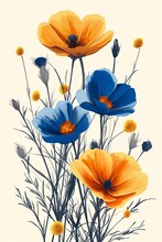 Three Blue Orange Flowers Stunning Illustration Dead Poppies Leaves Sales Offset Printing Technique Bright Buttercups Illustrations Animals Helianthus Hibiscus Cosmos