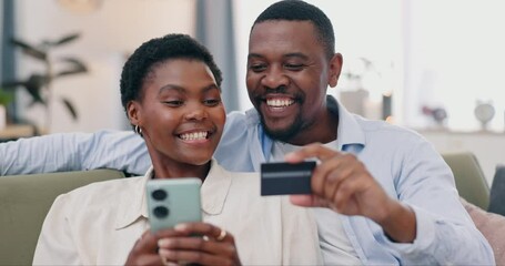 Poster - Couple, phone and credit card on sofa, home living room and happy for discount, sale or savings with fintech. African man, black woman and smartphone for digital banking, deal or e commerce on couch