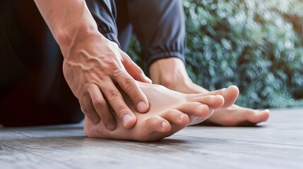 Man massaging his painful foot by the hand