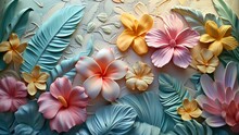 Cartoon Bright Fantacy Relief Wall Sculpted Marble, Tropical Flowers And Leaves Background, Pastel Colors