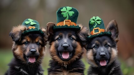 Wall Mural - German Shepherd puppies wearing St. Patrick's Day shamrock hat