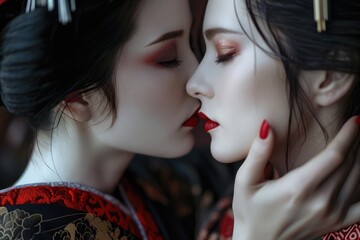 Wall Mural - wo Geishas Share a Passionate Kiss, Unveiling a Tale of Forbidden Love, Sensuality, and the Intricacies of Romance in Traditional Japanese Culture