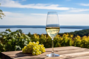 Wine Wonderland: Discovering Riesling's Delight in the Finger Lakes, New York, Where Bright Skies Cast a Natural Spotlight on a Table of Cool-Climate Grapes and a Contemporary Wine Glass.

