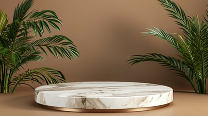 Wall Mural - Marble product display podium with nature leaves on brown background.