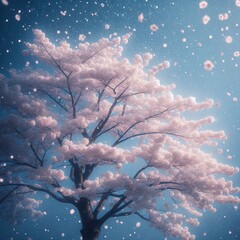 Spring blossom tree on blue sky background, retro toned