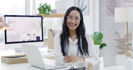 Sticker - Laptop, smile and coffee with business woman in office, at desk for work on project or report. Portrait, computer and glasses with happy young employee in workplace for company management or search