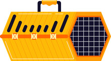 Orange And Yellow Portable Cat Carrier With Black Handle And Ventilation Slits. Pet Travel Safety Vector Illustration.
