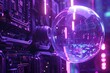 © Wayu - Purple circular bubbles. Stage backdrop, 3D illustration rendering, futuristic neon glowing room.