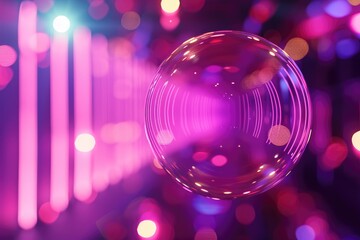 Purple circular bubbles. Stage backdrop, 3D illustration rendering, futuristic neon glowing room.