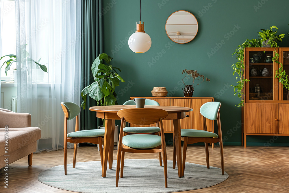 Wooden chairs at round wood table in room with sofa and cabinet near ...