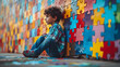 World autism awareness day. Little boy sitting before the wall made from jigsaw puzzle pieces. Child autism concept. Generative AI