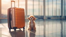 Cute Caring Dog At The Airport Guarding Big Orange Suitcase, Anticipating The Return Of The Owner. Funny Puppy Taking Care Of Luggage And Waiting For His Master. Copy Space.