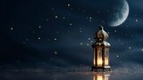 Fototapeta Kosmos - Ramadhan Kareem greetings. Islamic lantern in the night sky with crescent moon and stars. copyspace - generative ai 