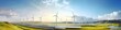 A panoramic view of a sustainable energy farm,  with wind turbines,  solar panels,  and innovative energy storage solutions