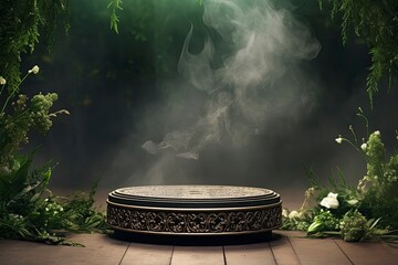 Round podium with smoke on nowruz flower background. High quality photos, no text on images generative ai