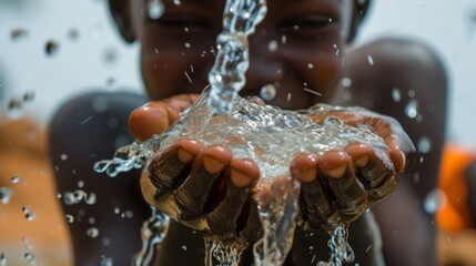 Wall Mural - Kid with water, world water day. Relationship between water, ecosystems and human well being. The impact of climate change on water resources and innovation towards sustainable water management