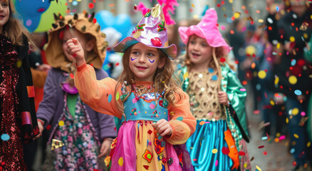 Wall Mural - beautiful little girls dressed in colorful costumes parades confetti