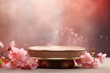 Round Podium With Smoke On Nowruz Flower Background. High Quality Photos, No Text On Images Generative Ai