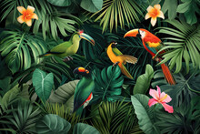 Various Tropical Leaves And Birds Exotic Wallpaper Design