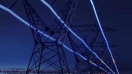 high voltage electric transmission tower with glowing current line, electrical power transmit throug