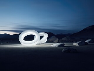 Canvas Print - A large white sculpture in the desert with rocks. Generative AI.