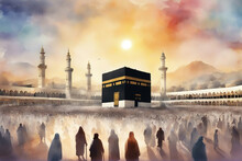 Watercolor Landscape View Of Holy Kaaba With Sunrise