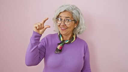 Poster - Confident middle age woman, grey-haired and wearing glasses, happily gesturing small size sign with fingers. standing isolated over pink background radiating a mature beauty.