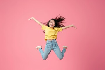 Wall Mural - Energetic Asian girl celebrating summer, leaping and kissing, bubblegum pink background