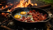 Camping Breakfast With Bacon And Eggs In A Cast Iron Skillet. Fried Eggs With Bacon In A Pan In The Forest. Food At The Camp. Scrambled Eggs With Bacon On Fire. Picnic, Generative Ai