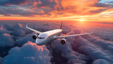 Fototapeta  - Panorama view of commercial airplane flying above dramatic clouds during sunset.generative ai