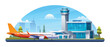 © YG Studio - International airport building with airplane, terminal, gate and runway on cityscape. Vector cartoon illustration