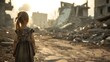 A dirty little girl standing alone, bokeh building ruins background. After war or natural disasters concept.