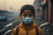 Air pollution affects badly for the humans. face masked child with sad eyes with uncomfortability and breathing difficulties