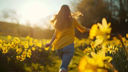 woman back view angle running having fun in the daffodil garden. summer flowers park. happy summer sunlight.