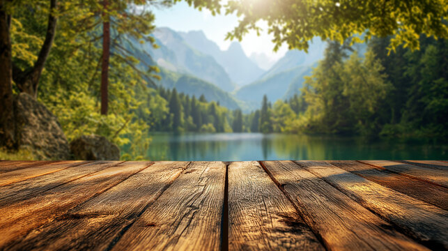 Wooden pier with natural lake and high mountain at background.