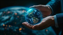 Hand Of Businessman Touching Virtual Earth Globe,generative Ai